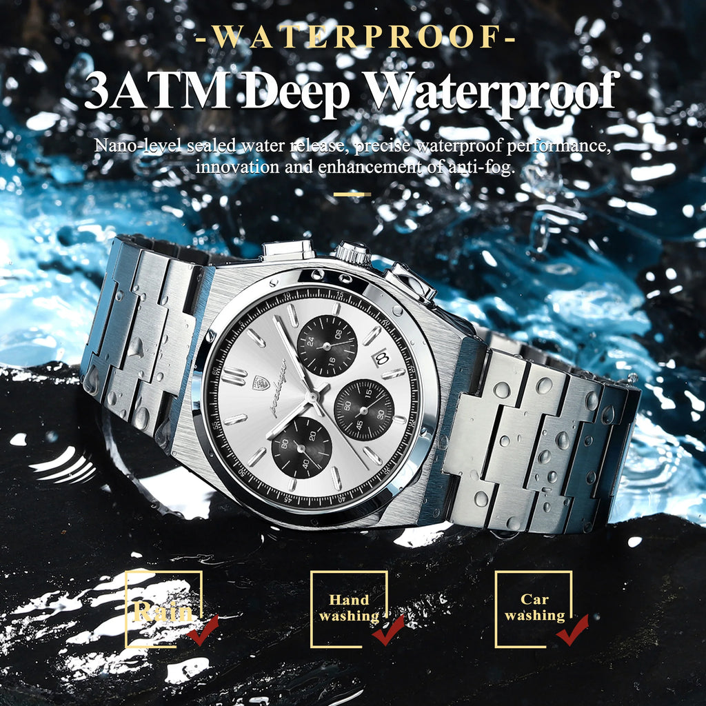 POEDAGAR Top Business Men's Watch Chronograph Date Stainless Steel Classic Man Clock Waterproof Luminous Quartz Watches For Men