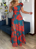 One Shoulder Tropical Print Maxi Dress for Women Split Hem Elegant Casual Style Woven Spring/Summer/Fall Vestido
