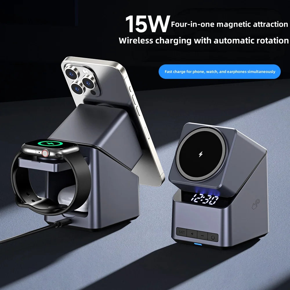 4 In 1 Magnetic Wireless Charger One-Touch 180° Rotation & Digital Clock Display,Fast Charging Station For iPhone iWatch AirPods