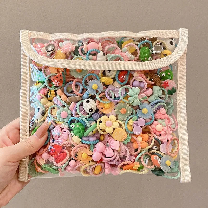 30pcs girls high elastic hair band does not hurt hair, cartoon animal flowers and fruit decorative hair band, decorative hair se