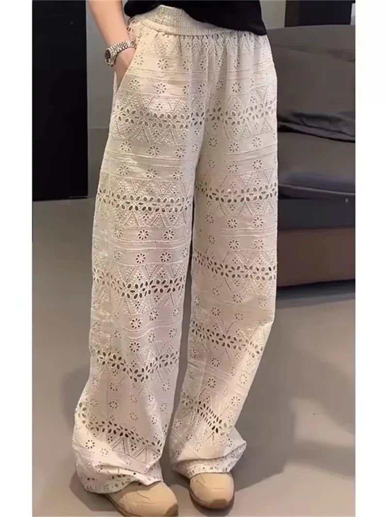 Women's Lace Hollow Out Wide Leg Pants High Waist Elastic 2025 Summer Straight Trousers Fashion Thin Casual Black Pants