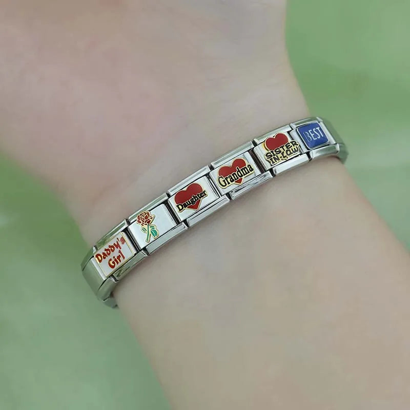 Hapiship 2024 Love Daddy’s Girl Princess DAD Aunt Flower Italian Charms Links Fit 9mm Bracelet Stainless Steel DIY Jewelry DJ026