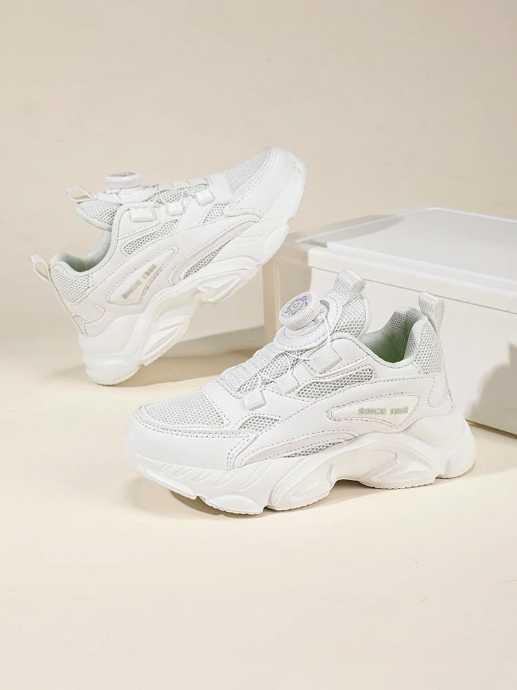 Slip-on rotating buckle! Kids' mesh black dad shoes, breathable and stuffy-free, non-slip white sports shoes for boys and girls