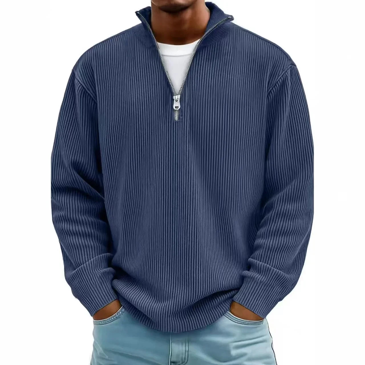 New Corduroy Sweatshirts for Men Autumn Solid Long Sleeve Clothing Men's Casual Loose Zipper Polo Collar Tees Tops Man Outwear