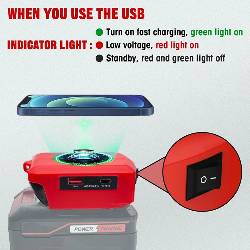 Wireless Charger Adapter Power Bank for Einhell 18V Li-ion Battery Charging Station with Type-C&USB Port 4511396 4511502 4511437