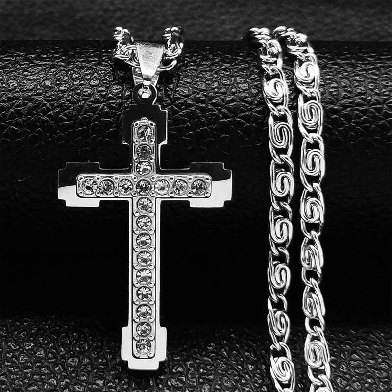 Catholic Cross Amulet Crystal Pendant Men Chain Necklace Gold Color Stainless Steel Necklaces Jewelry colar masculino N4930S02