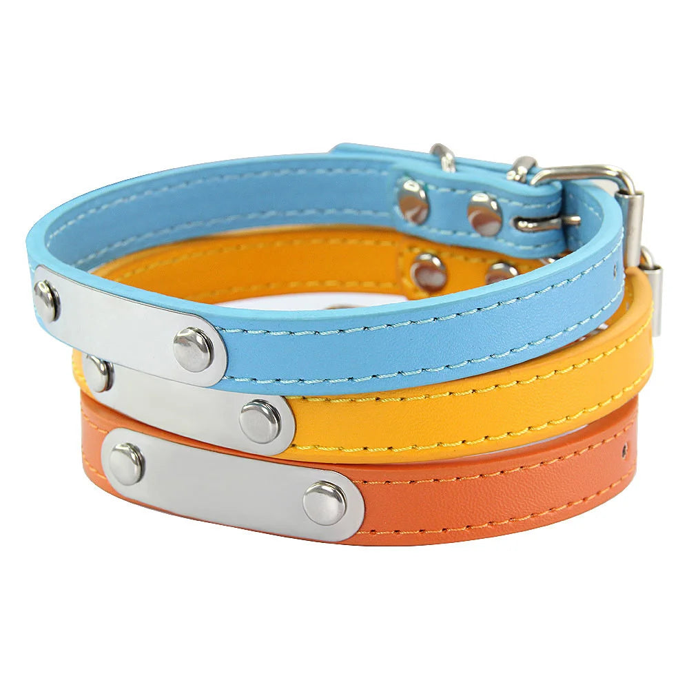 Personalized Dog Collar Name Carved 16 Colors Solid PU Leather Collar For Small Medium Large Dogs Puppy Cat Accessories Red Pink