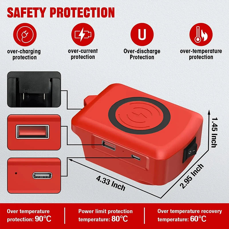 Wireless Charger Adapter Power Bank for Einhell 18V Li-ion Battery Charging Station with Type-C&USB Port 4511396 4511502 4511437