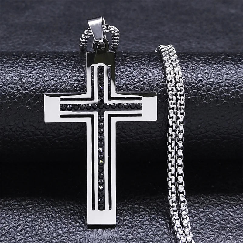 Catholic Cross Amulet Crystal Pendant Men Chain Necklace Gold Color Stainless Steel Necklaces Jewelry colar masculino N4930S02