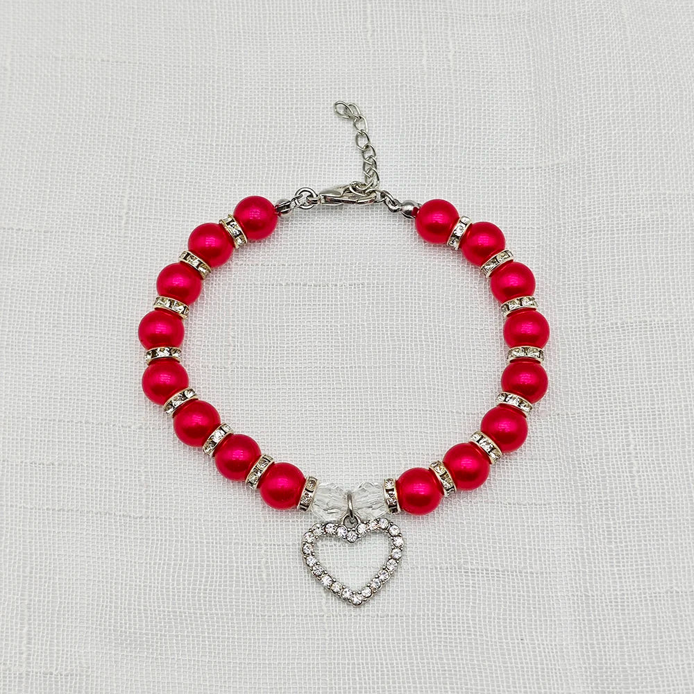 New Cute Pet Pearl Necklace with Heart-shaped Rhinestone Pendant Adjustable Cat Dog Collar Jewelry For Small Pets 8 Colors