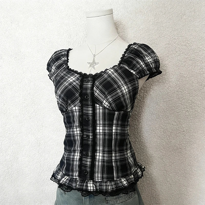 Y2K Gothic style aesthetic tops square neck womens style retro Harajuku fashion casual fairy style sweet and cute emotional girl